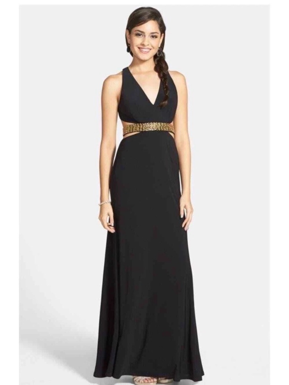 Hailey Logan by Adrianna Papell Black Gold Beaded Waist Formal Prom Gown 9/10